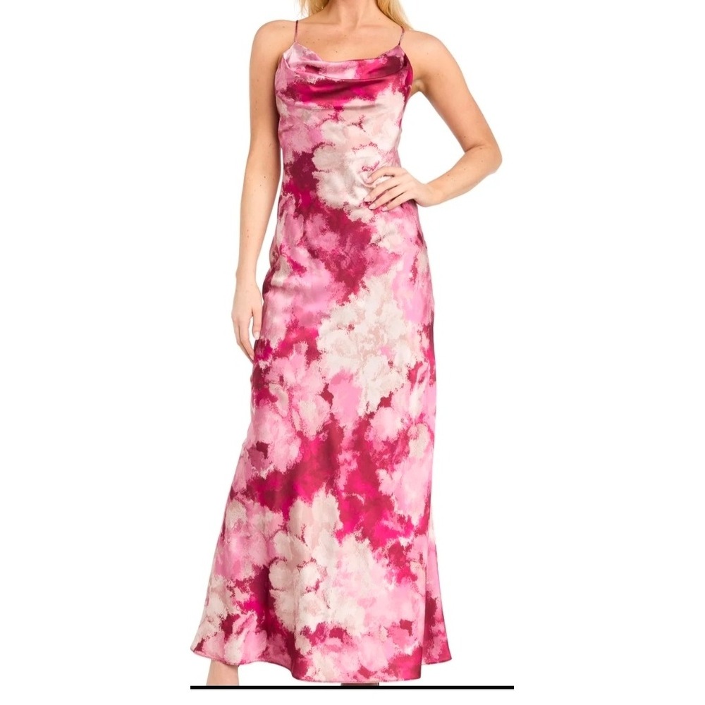 Women Y2K Primrose Floral Pink Red Abstract Satin Cowl Neck Maxi Dress Open Back
